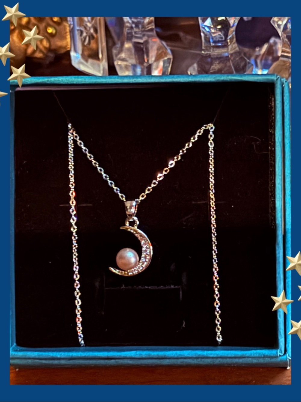 Silver tone Crescent Moon Pearl Pendant Necklace - Women Jewelry